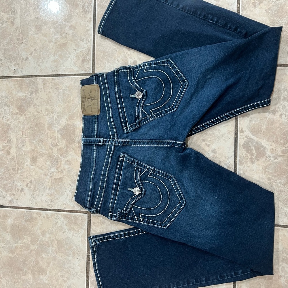 True Religion Dark Blue Denim Jeans with Tan Patch 30x32 straight fit